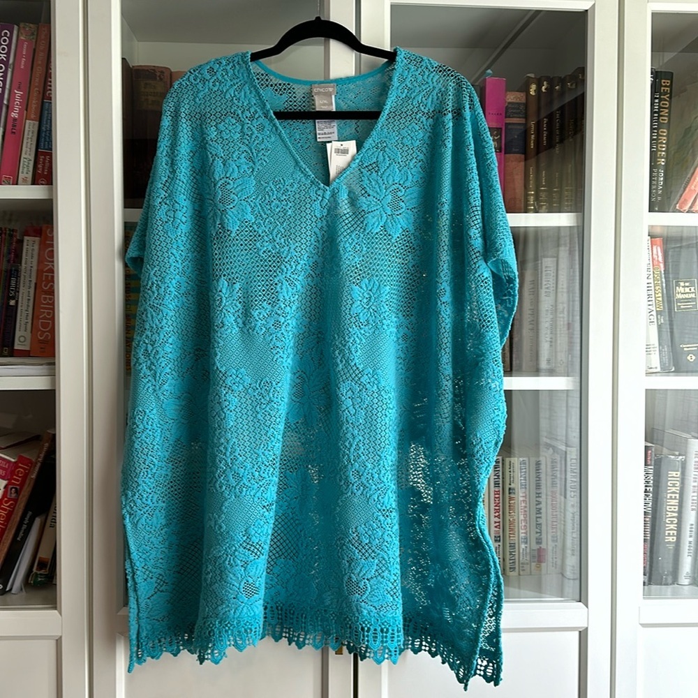Chico’s L/XL turquoise lace swim cover up.  New with tags.
